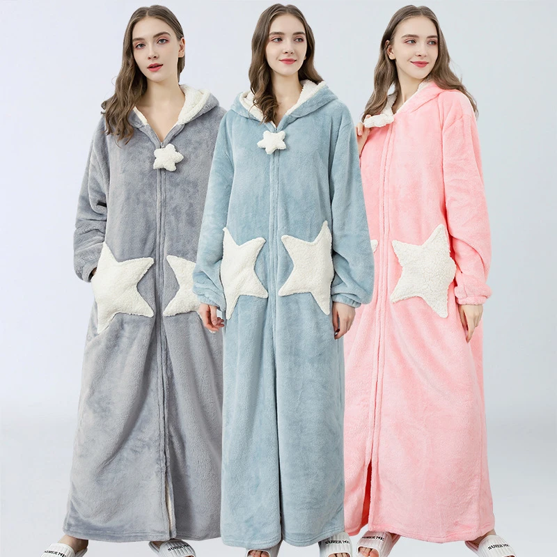 Sleepwear Robe for Women Bath Wearable Towel Women Fleece Flannel Soft Robes Robe Bathrobe Long Sleeve Picture Shows Plain Dyed