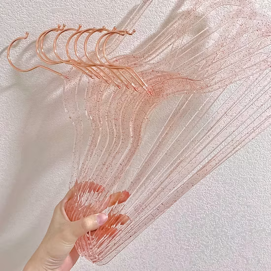 Acrylic Plexiglass Top Clothes Crystal Hangers with Stainless Metal Round Hook and Anti-Slip Notches in Pink Transparent Flash Color for Coats/Dress of Boutique