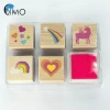 Square wooden rubber stamp set for kids gifts with ink pad wooden stamp toy