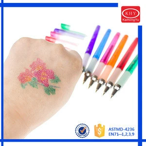 Temporary Glitter Color Body Skin Art Pen, Washable Tattoo Skin Pen With Tattoo Stencil For Drawing On Skin