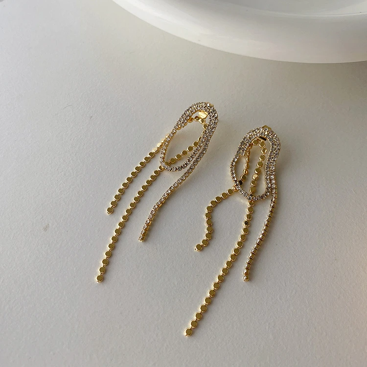 Vershal Fashion Korean Rhinestone Tassel 18K Gold Plated Earrings Elegant Long Drop Earrings Jewelry