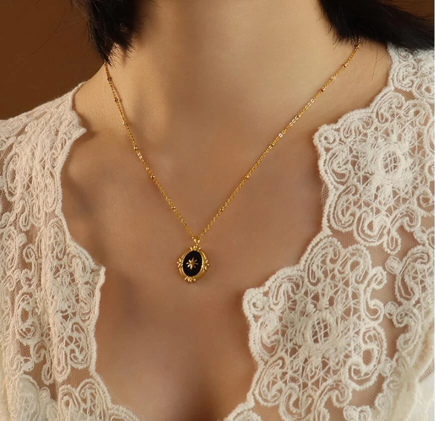 Vintage Bohemian Style Women Black Enamel Pendant Star Necklace Gold Plated Sunburst Pendant Necklace Stainless steel