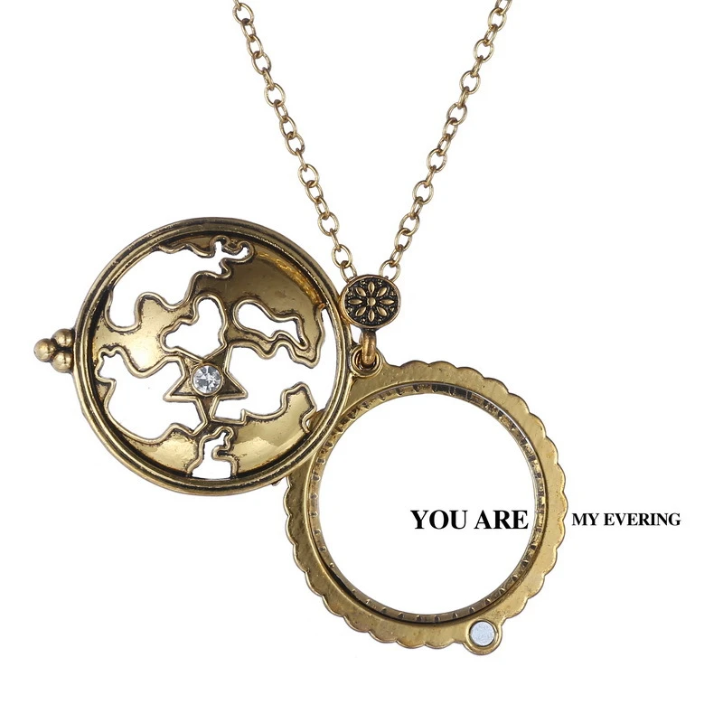 Vintage metal world map necklace magnifying glass necklace