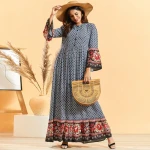 Vintage Plus Size Muslim Dress Long Sleeve Printed Maxi Dress Kaftan Turkish Islamic Clothing Bohemia Holiday Long Dress Robe