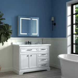 Wall Mount LED Lighted Bathroom Medicine Cabinet with Mirror and Electrical Outlet