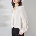 wholesale 2020 new style high quality pure color ladies silk shirt ribbon long sleeve women silk blouse