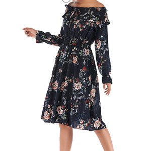 Wholesale Hot Sale Fashion Floral Print casual Neck long sleeve Women lady Pullover casual  Dress