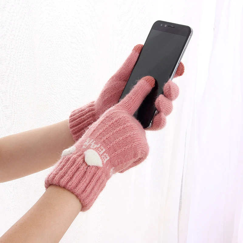 Wholesale Touch Screen Female Winter Knitting Wool Five Fingers Thick Warm Sweet Cartoon Glove