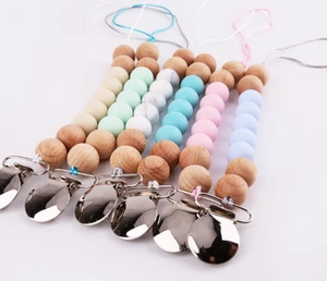 Wholesales Baby DIY Pacifier Clip Metal Dummy Wooden Silicone Beads Chain Non-toxic baby Teethers
