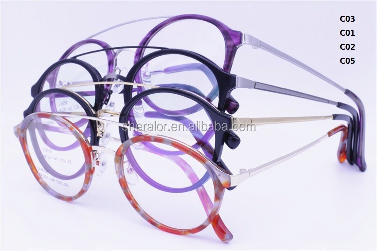 wholesales G8058 acetate combination alloy temples oval shape trendy dual middle bridge optical eyeglasses