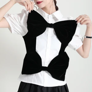 Womens summer 2021 new design bubble sleeve age-reducing blouse with spliced velvet bow at the edge of wooden ear