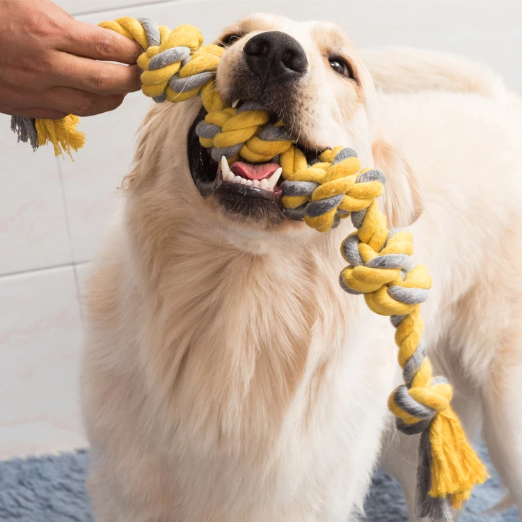 Yellow crocheted indestructible hemp rope large dog aggressive chewer durable dog chew toy