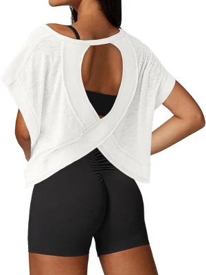 Women Heart Cutout Twist Back Yoga Short Sleeve Top, Loose Quick Dry Breathable Sports Cover Up Tee