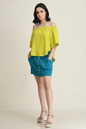 LINEN BUTTON-FRONT SKIRT WITH POUCH POCKETS