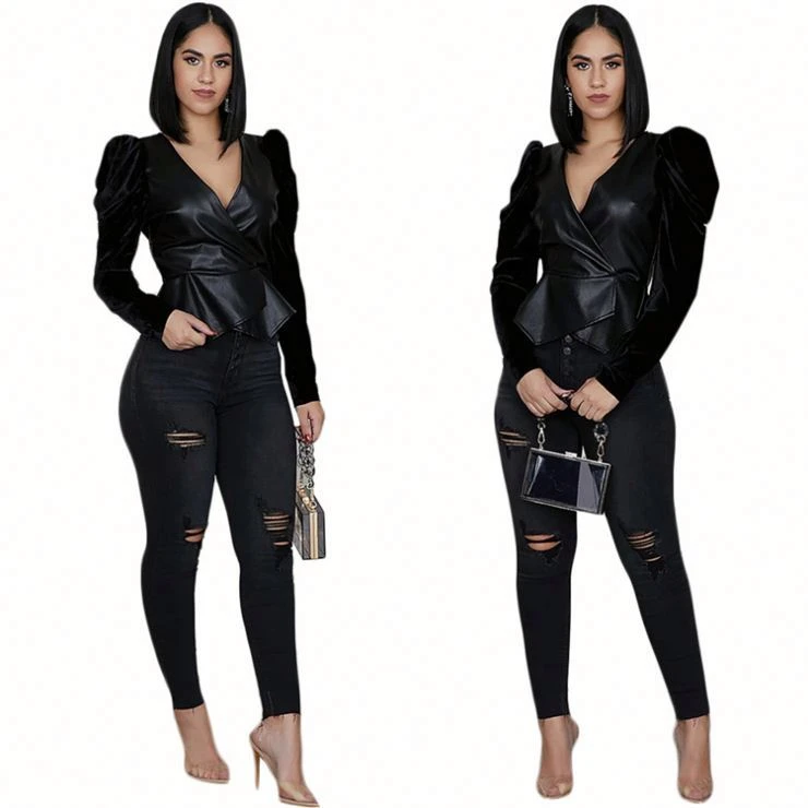 11535NA hot selling black v neck long sleeve back zipper latest design 2020 women pu leather blouse and shirt