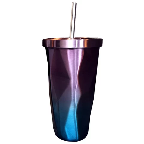 17 OZ Irregular Diamond Shape Gradient Color Stainless Steel Coffee Cup With Straw
