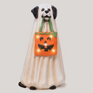17&quot; Resin Ghost Trick or Treat Dog Halloween Porch Greeter w/ LED Lights