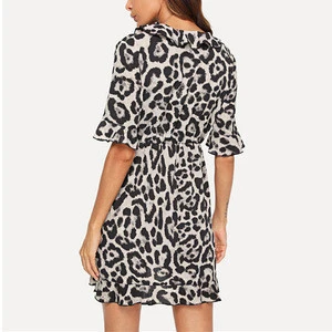 2018 New Leopard V Neck Short Sleeve Women Dress Ruffle Trim Wrap Summer Dress Night Out Sexy Africa Clothing