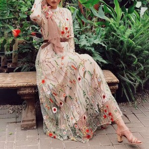 2020 fashion islamic dress 2 colors flower lace long sleeve beauti floral print abaya flower embroidery dress