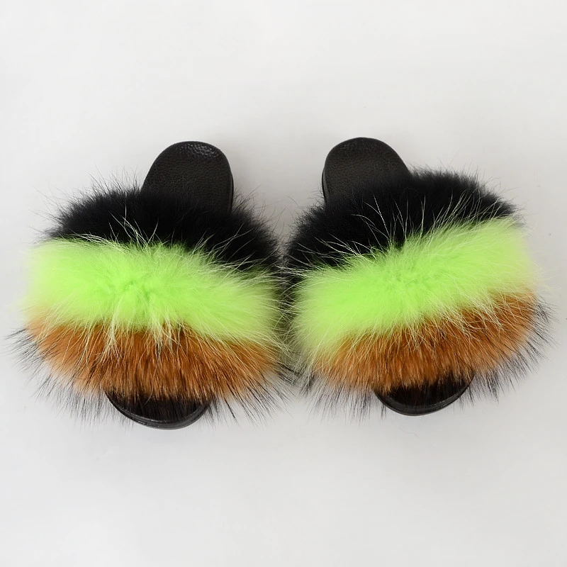 2021 Factory price stable quality summer flat sole slides real raccoon fur slippers women sandals shoes