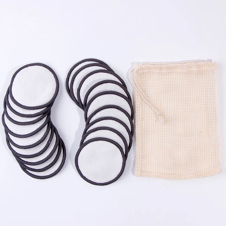 20pcs / Set White Bamboo Terry Make Up Remover Pads Black Border with Cotton Wash Bag / 80%bamboo+20%polyester