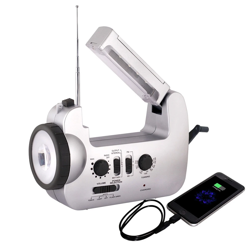 AM/FM Radio hand crank LED reading lamp with siren blinking and smart phone charger camping radio light with sos alarm