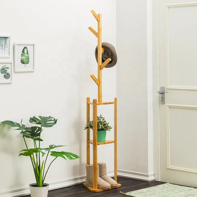 Bamboo Original Creative Bedroom Living Room Wood Coat Rack with Flower Display Shelf Shoe Rack