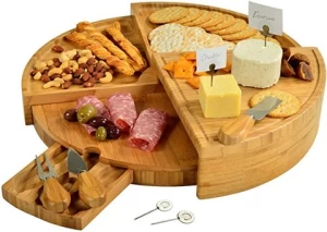Bamboo Wood Charcuterie Magnetic 4 Slide-Out Drawers Cheese Board Set With Ceramic Bowls And Cutlery Knife