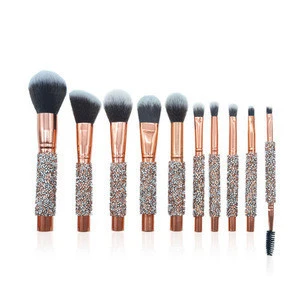 Best Selling Tool 10pcs Luxury Glitter Handle Rose Gold Makeup Brushes Professional With PU Bag