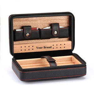 Black Leather Travel Cigar Humidor Case Set With Humidifier Cigar Cutter And Lighter Cedar Wood Humidor