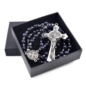Blue Sandstone 8mm Beads Necklace with Gift Box St Benedict Catholic Men Rosary