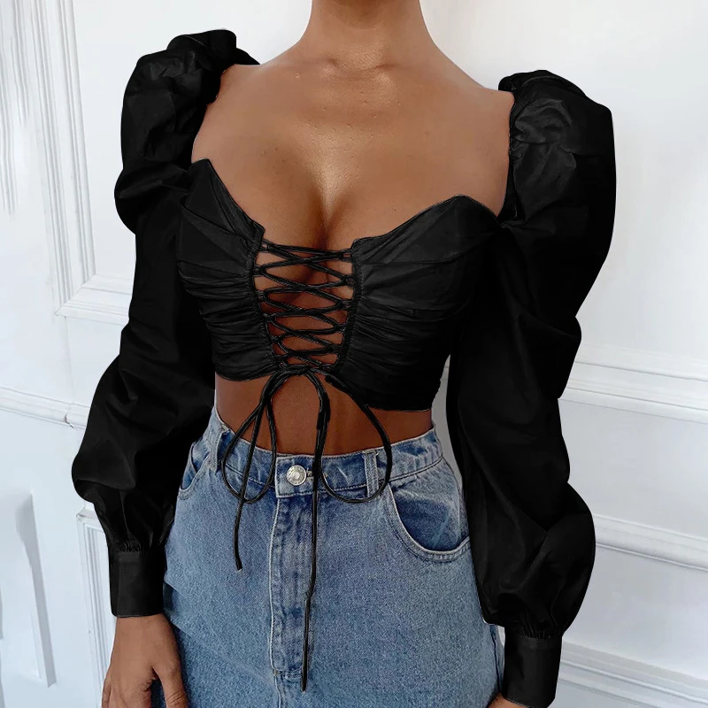 Blusas Mujer De Moda 2020 White Puff Sleeve Front Hollow Out Lace Up Sexy Tops And Blouses Women Vintage Shirt