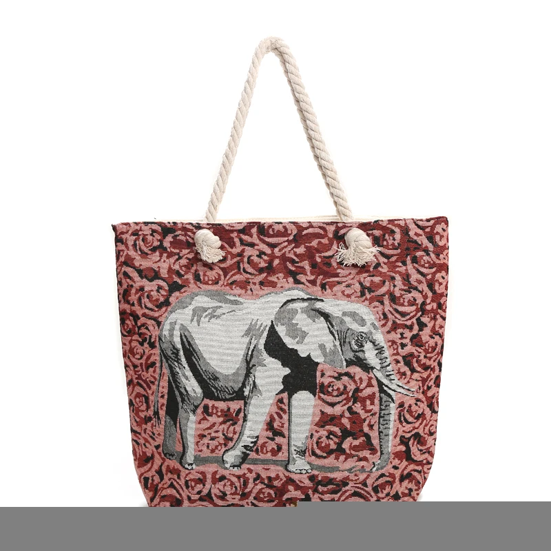 Canvas Tote Bag Handbag Ethnic Characteristics Embroidered Double Side Silver Elephant Hemp Rope Grocery Shopping Bag Shopping B