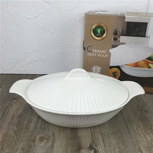 China Factory Wholesale White Ceramic Soup Pot with Lid and Handle
