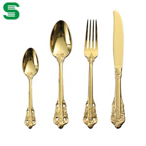 China product gold tableware set spoon fork  gold dinnerware set for wedding gift