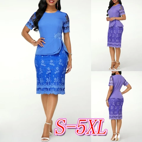 Classy Chic Office Ladies Short Sleeve Lace Patchwork Embroidery Bodycon Elegant Pencil Women Dresses