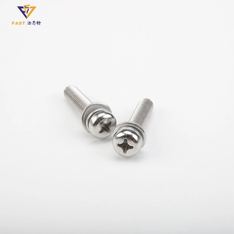 Cross recessed small pan head screw single coil spring lock washer and plain washer assemblies machine screw