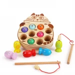 Cute Frog Wooden Fishing Game Toys for Kids Skill Learning Magnet Pole Clamp Fishes Beads Educational Intelligent Wood Toy
