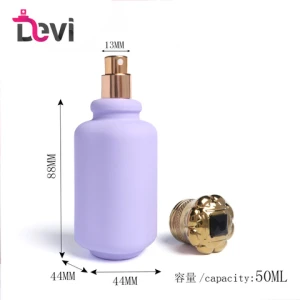 Devi colorful Glass Perfume bottle 50ML Lady parfum Bottle purple matte finishing perfume bottle with plastic golden crown cap