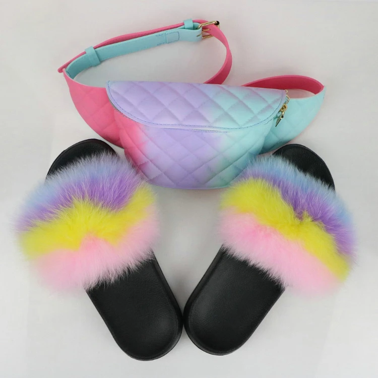 Factory hot sale 2021PVC matte jelly bag rhomboid belt bag with lady fox fur slippers set