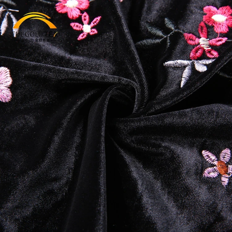 Fashion Textile Black Dress Polyester Velvet Satin Flower Print Embroidered Silk Fabric