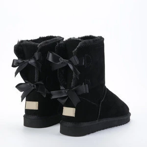 Fashionable Warm Cowhide Bow Half Genuine Leather Women Winter Snow Shoes Boots Wholesale