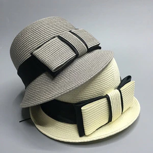 high quality New Style Natural Straw Roll Brim Sweet bow Straw Hat For Ladies