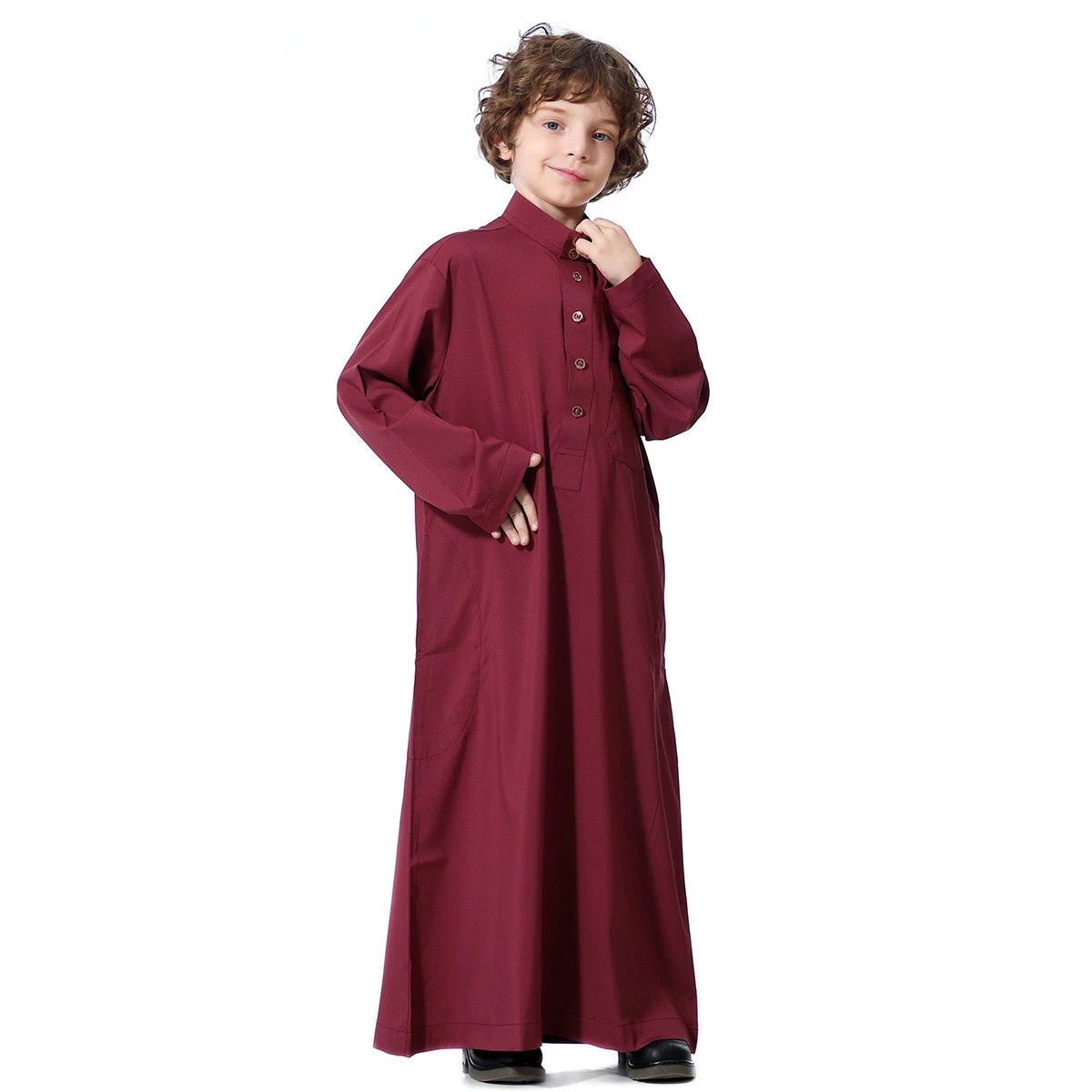 Hot Sale Arabian Middle Eastern Muslim Teen Boy Thobe Robe Islamic Kids Abaya Clothing with Pocket