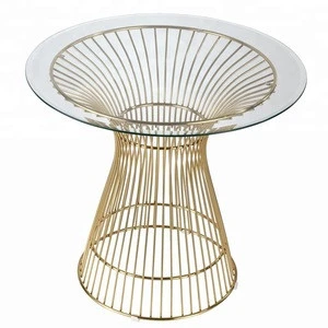 Hotel furniture Gold Metal Wire Base Round Glass Top Warran Platner Dining Table