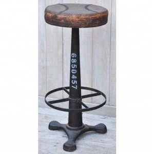 Industrial & vintage cast iron metal tall bar stool with round genuine leather seat