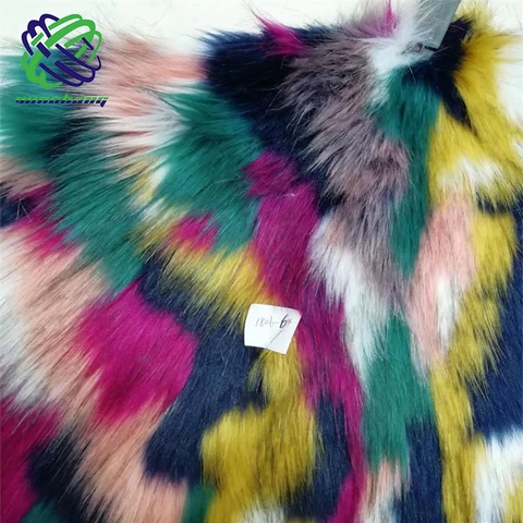 Keqiao Factory Lowest Wholesale Price Rainbow Multi Color Jacquard Long Pile Soft Faux Fur For Coat Jackets Fake Fur Fabric
