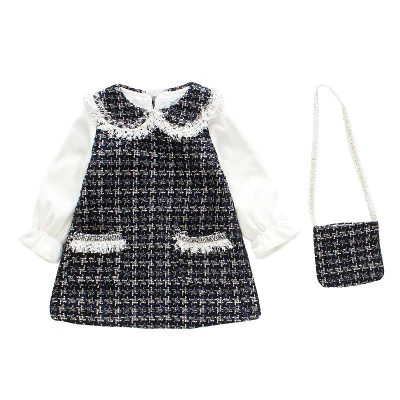 Latest Design Girls Dress Autumn Girls Boutique Clothing Plaid Long Sleeve Girl Dress With Bag Match