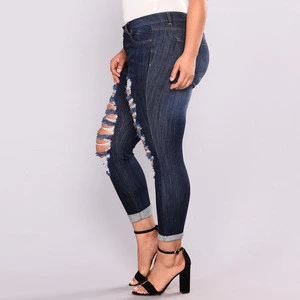 Latest design plus size damaged ripped womens high waisted jeans