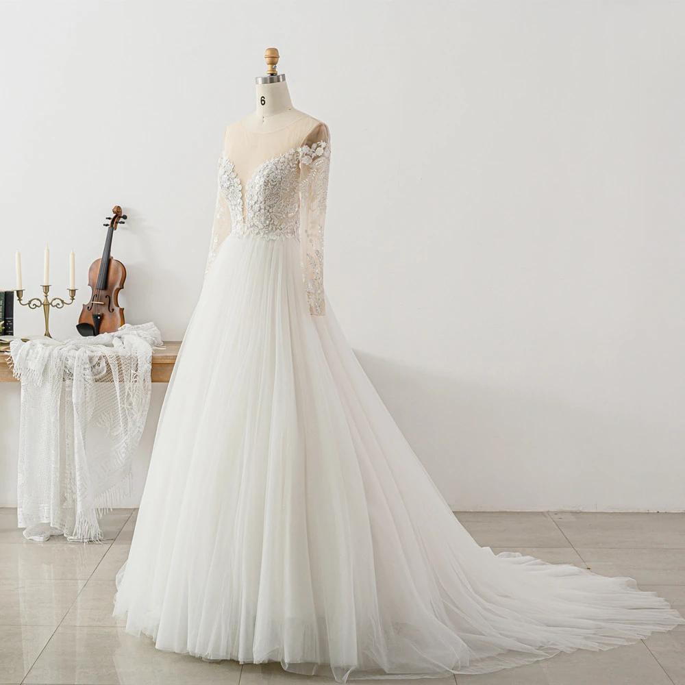 Long Sleeve Lace Appliques Deep V-Neck ivory Plus size wedding dress elegant 2021 Bridal Gown